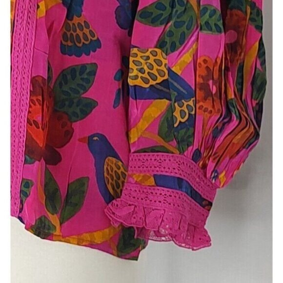 Farm Rio Blouse S Pink Sweet Forest Lace Tropical Floral High Neck Pin - Picture 10 of 15